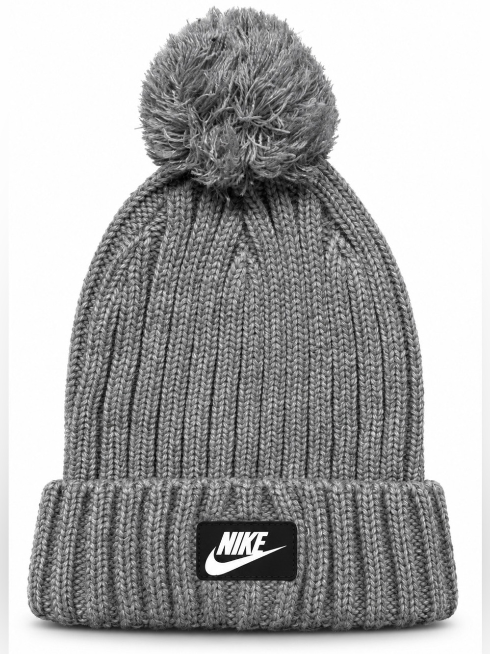 Nike Gray Knit Beanie Removable Pom Pom Cuffed Winter Hat Swoosh Patch